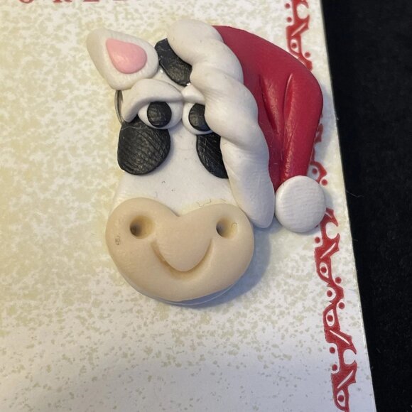 Christmas Cow Clay Earrings Handmade Holiday Bovine Studs Unique Festive Pierced - Picture 5 of 6